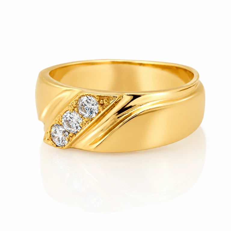 Banda de boda para hombre en oro con tres piedras, colocada en dedo anular masculino.