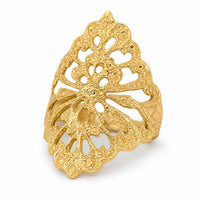 Anillo de oro para mujer estilo almendra calada con ramas entrelazadas y banda pulida