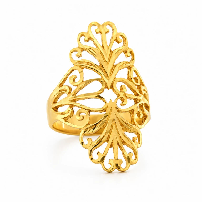 Anillo largo de oro 14k estilo filigrana con detalles calados y brillo elegante