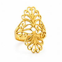 Anillo largo de oro 14k estilo filigrana con detalles calados y brillo elegante