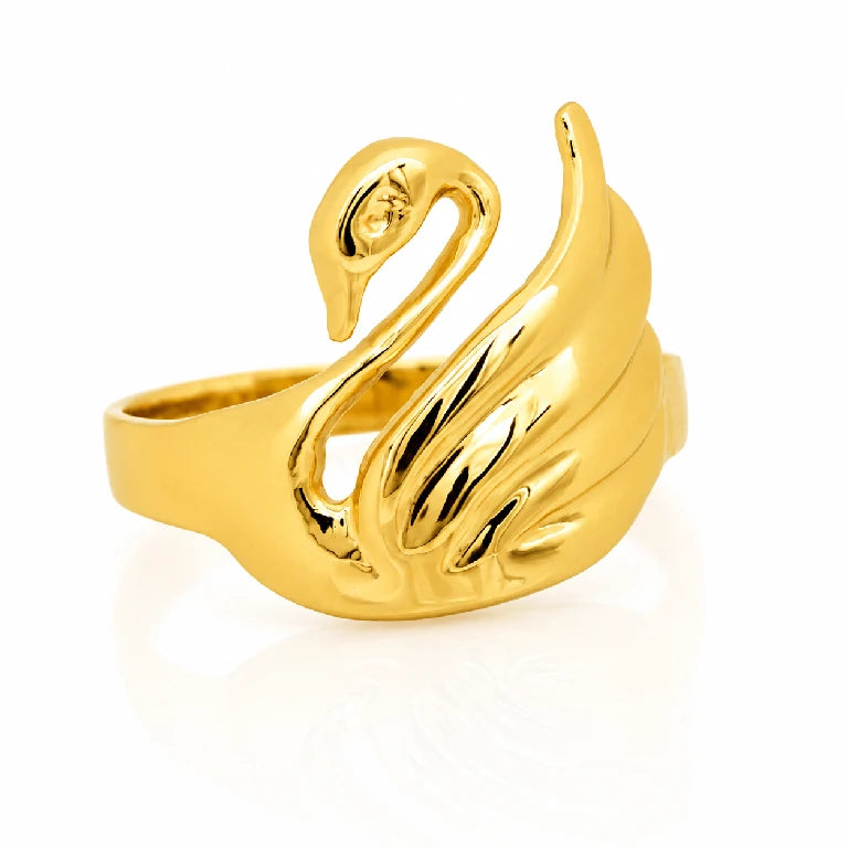 Anillo de cisne en oro amarillo para mujer con cuello curvado y alas pulidas