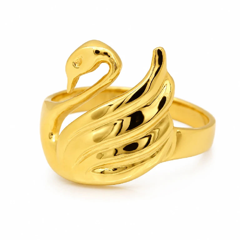 Anillo de oro amarillo para mujer con diseño de cisne y detalles en las plumas