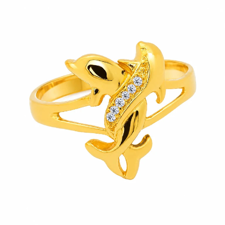 Anillo de delfines para mujer en oro amarillo 10k o 14k con circonias brillantes y diseño marino