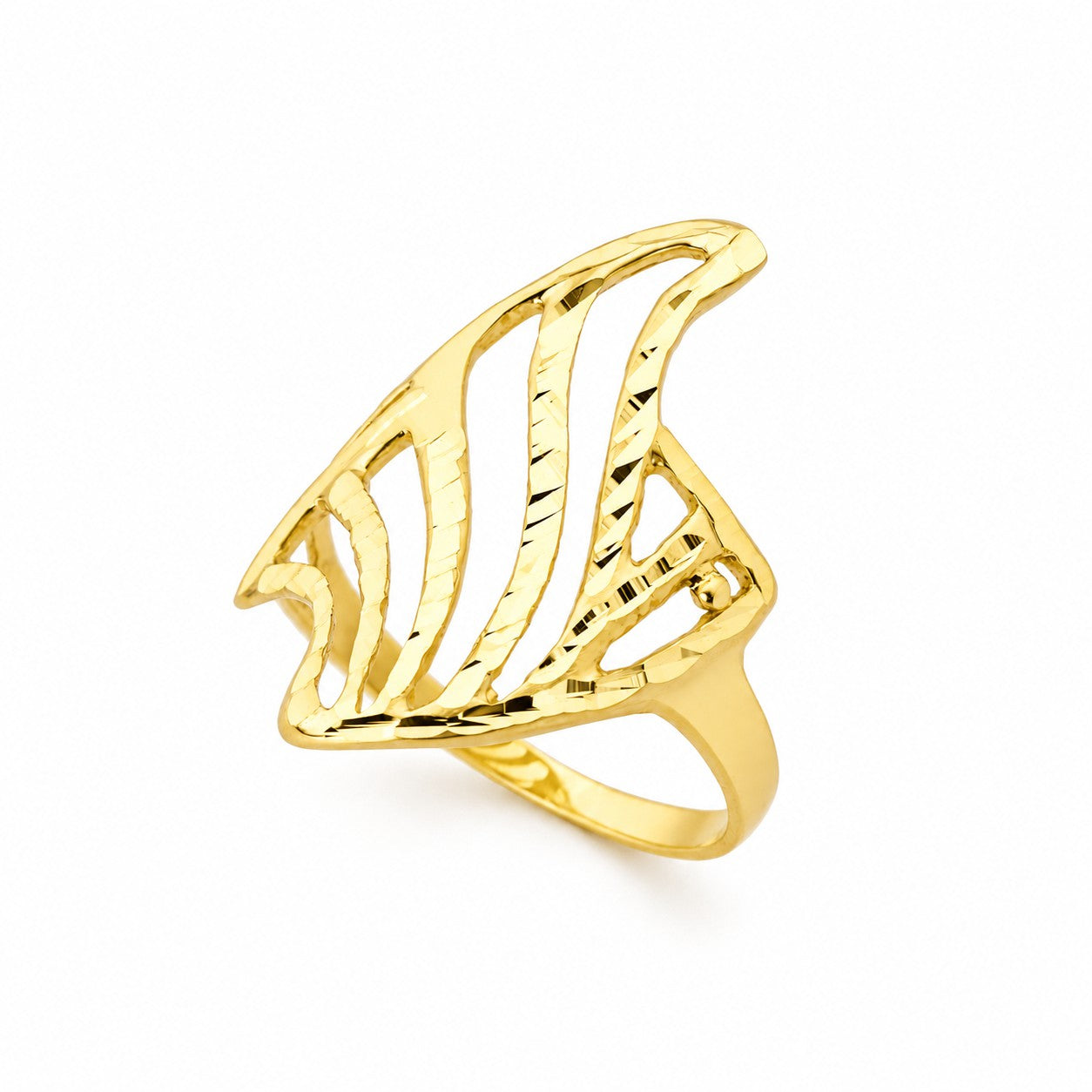 Anillo doble punta de oro para mujer con diseño calado semicubridor y cortes brillantes, vista frontal sobre fondo blanco.