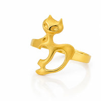 Vista frontal de anillo de gato de oro para mujer con cuerpo satinado y ojos pulidos