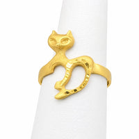 Anillo de gato de oro satinado para mujer con figura estilizada y acabado pulido en los ojos
