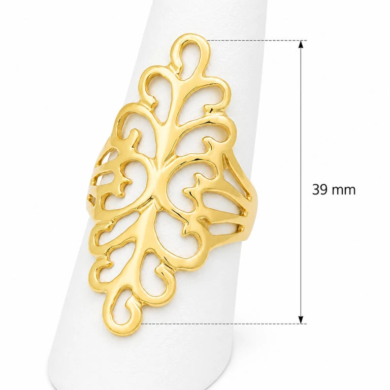 Anillo grande de oro amarillo sobre fondo blanco con indicador vertical de 39 mm de longitud.