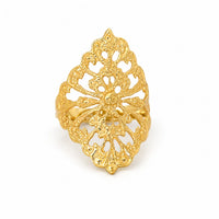 Anillo de oro para mujer estilo almendra calada con ramas entrelazadas y banda pulida