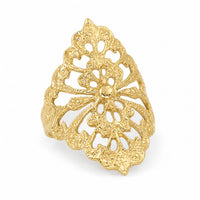 Anillo de oro amarillo para mujer con diseño alargado calado y textura artesanal en oro sólido