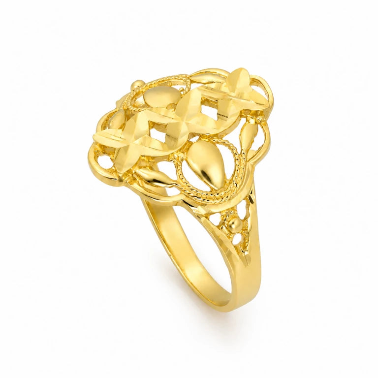 Anillo de oro de 10k y 14k para mujer con diseño de hojas caladas y acabado brillante.