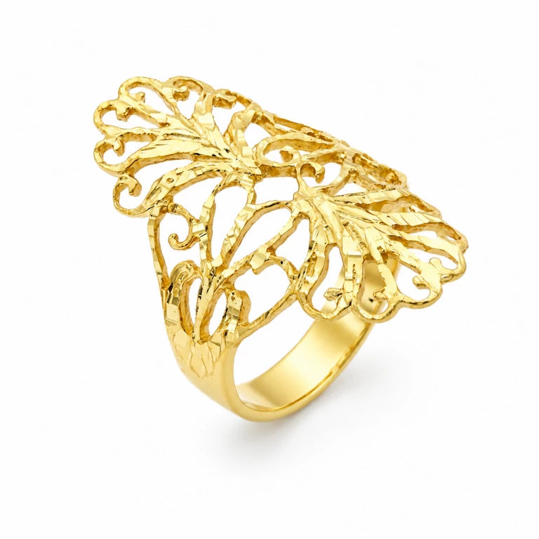 nillo largo de oro 14k para mujer con diseño calado y acabado pulido sobre fondo blanco