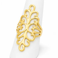 Vista lateral de anillo cubridor de oro amarillo para mujer con diseño abierto y estilo elegante.