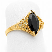 Anillo solitario marquesa de oro para mujer con piedra de circonia negra y diseño calado elegante, onice