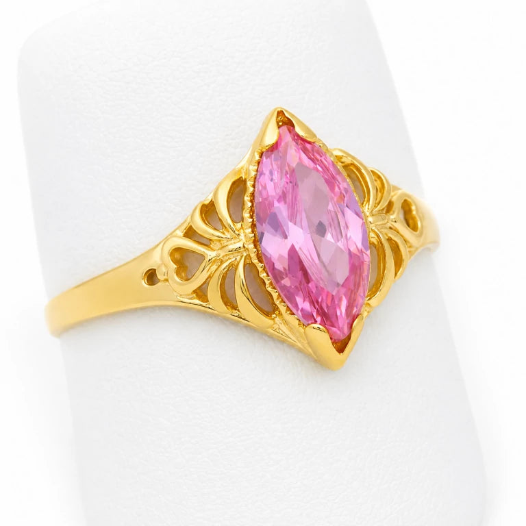 Anillo solitario marquesa de oro para mujer con piedra de circonia rosada y detalles laterales calados.