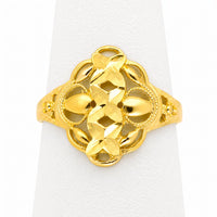 Sortija de oro amarillo de 14k para mujer con diseño de ramas y hojas caladas de alta joyería.