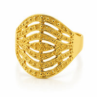 Vista frontal de anillo estilo semanario en oro amarillo con textura satinada y acabado elegante.