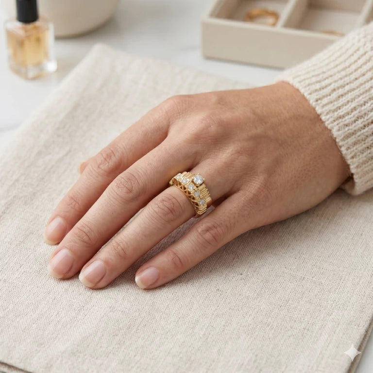Hand wearing a gold ring with a textured band on a light fabric surface.