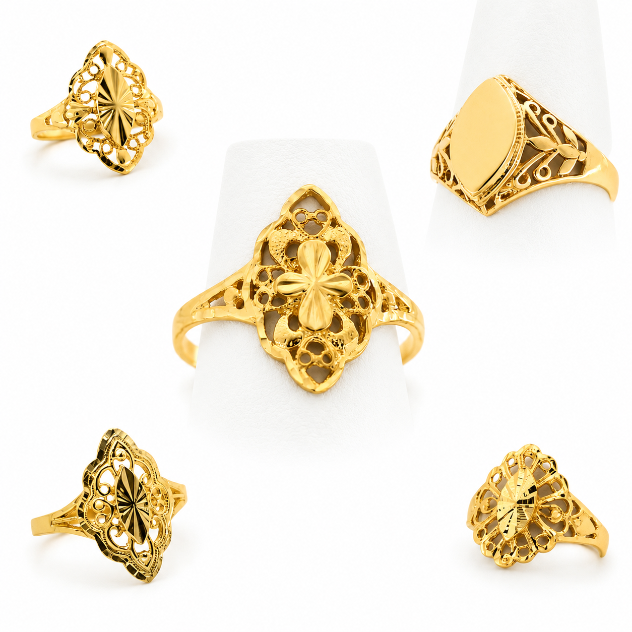 Anillos antiguos de oro amarillo 10k o 14k para mujer con diseño calado y estilo vintage, hermosos y  antiguo con filigrana y acabado brillante