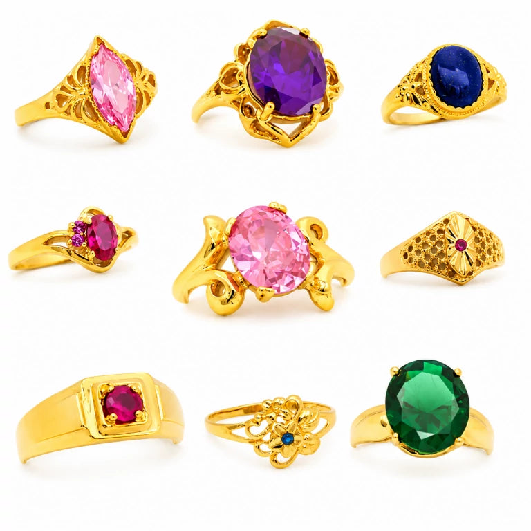 Anillos de oro amarillo  con piedras de colores,piedras rosa, verde, azul, morada y roja.  diseños elegantes y fondo blanco para joyería fina