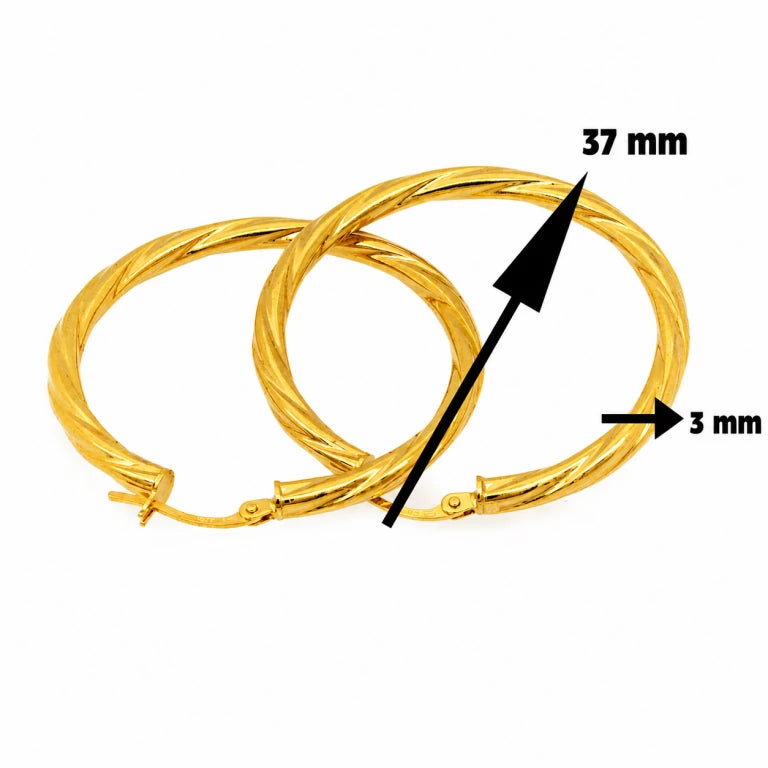Aretes argollas torcidas de oro de3x 37 mm, diseño amplio y brillante para mujer.