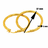 Aretes argollas torcidas de oro de3x 37 mm, diseño amplio y brillante para mujer.