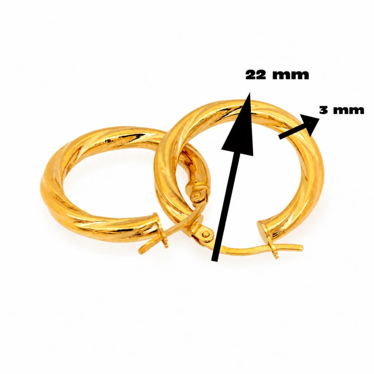 Aretes argollas torcidas de oro de 22 mm con diseño brillante y grosor de 3 mm.