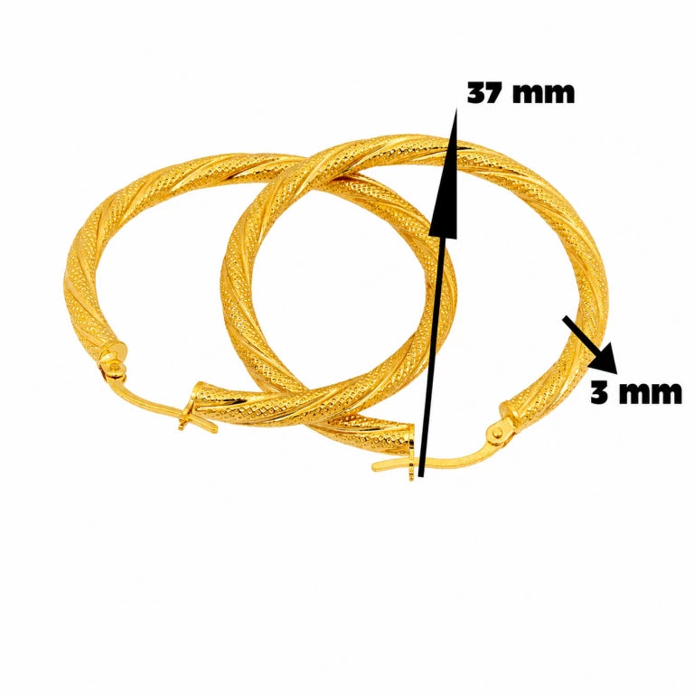 Aretes argollas de oro 10k para mujer de 37 mm con acabado satinado y grosor de 3 mm.