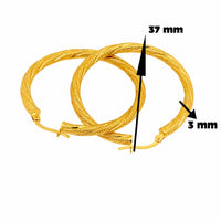 Aretes argollas de oro 10k para mujer de 37 mm con acabado satinado y grosor de 3 mm.
