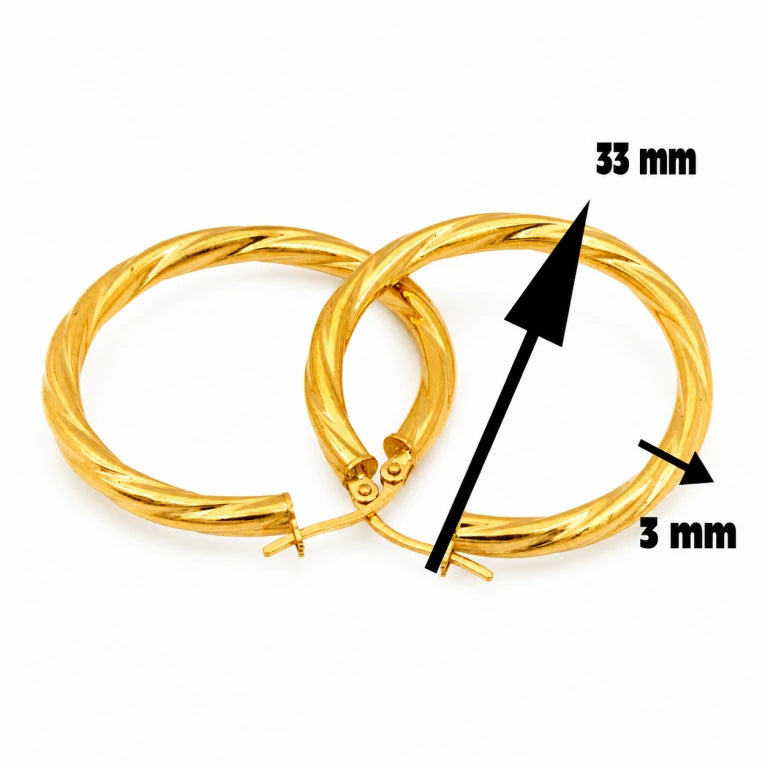 Aretes argollas torcidas de oro de 33 mm con acabado pulido y grosor de 3 mm.