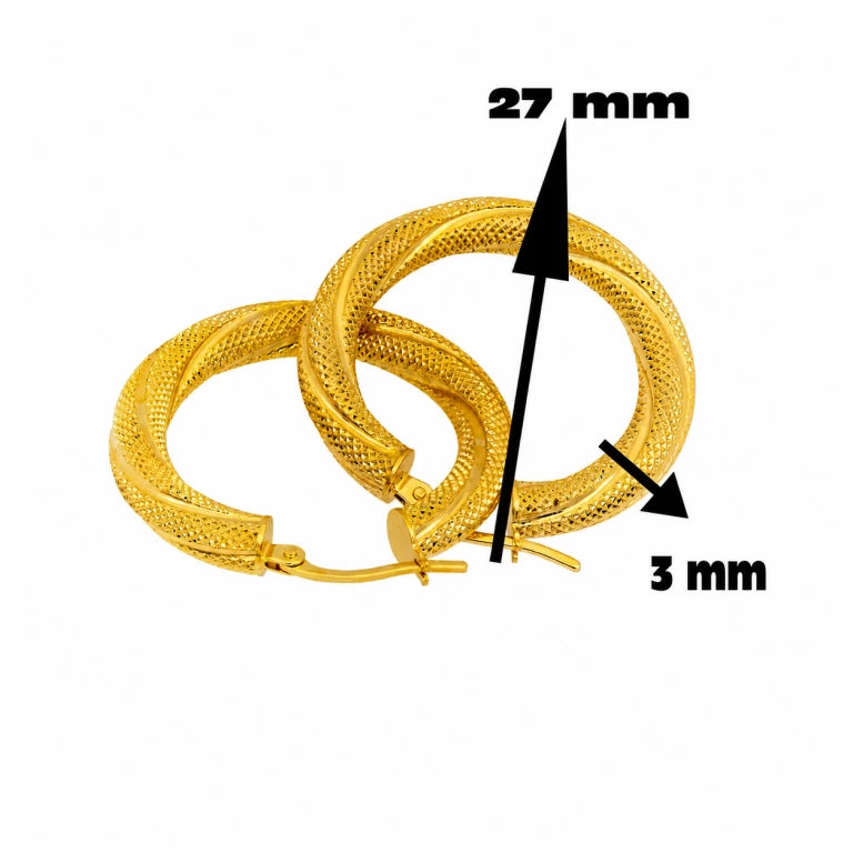 Argollas torcidas satinadas de oro 10k de 27 mm con acabado nevado y grosor de 3 mm.