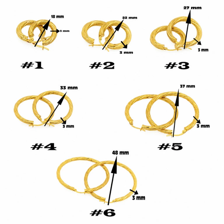 Colección de argollas de oro 10k satinadas en diferentes tamaños con grosor de 3 mm