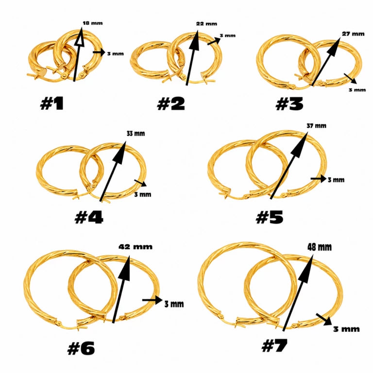 Colección de aretes argollas torcidas de oro en diferentes tamaños, desde 18 mm hasta 48 mm.
Select 84 more words to run Humanizer.