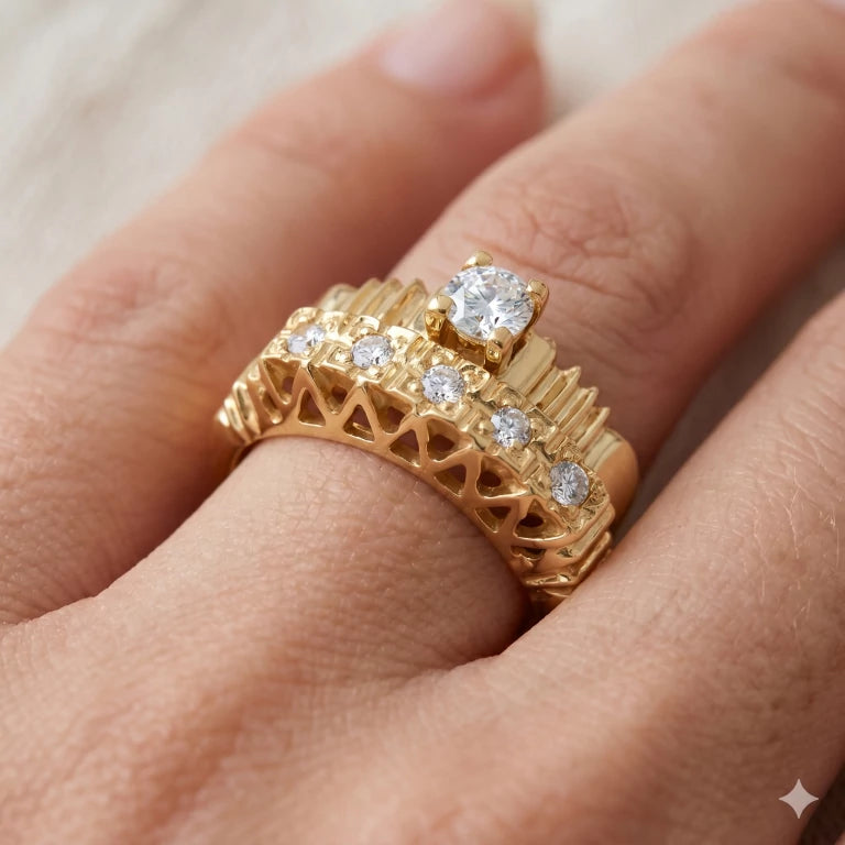 Gold ring with diamond stones on a finger