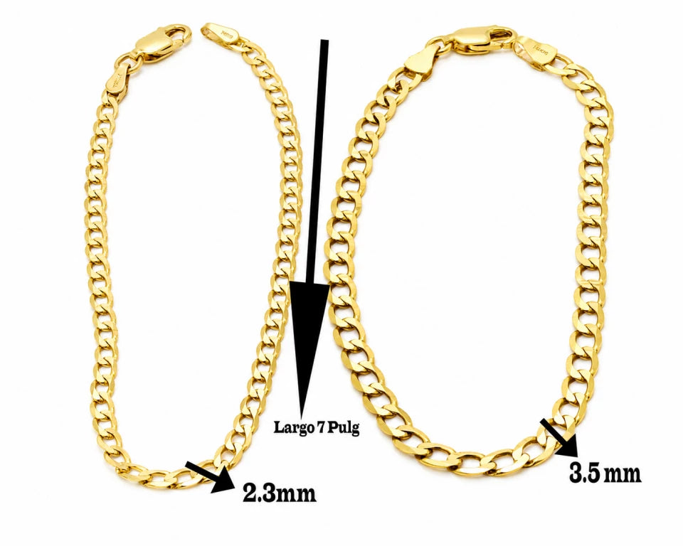Pulseras cubanas de oro de 7 pulgadas con anchos de 2.3 mm y 3.5 mm.
pulsera-oro-mujer.webp