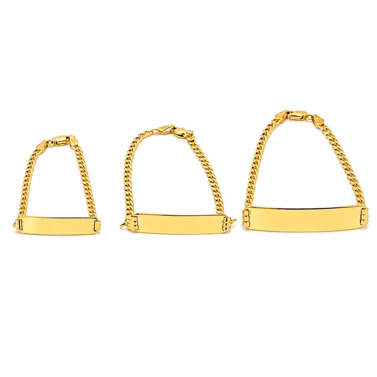 Esclavas de oro 10k personalizables para bebé, niños, niñas y mujer en tres tamaños con placa para grabar nombre