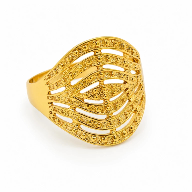 Anillo semanario en oro amarillo 10K o 14K con diseño calado, bolitas brillantes y textura satinada elegante.