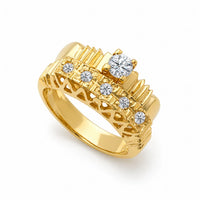 Juego de anillos de compromiso de mujer en oro con circonias, diseño tradicional retro y detalles calados elegantes.